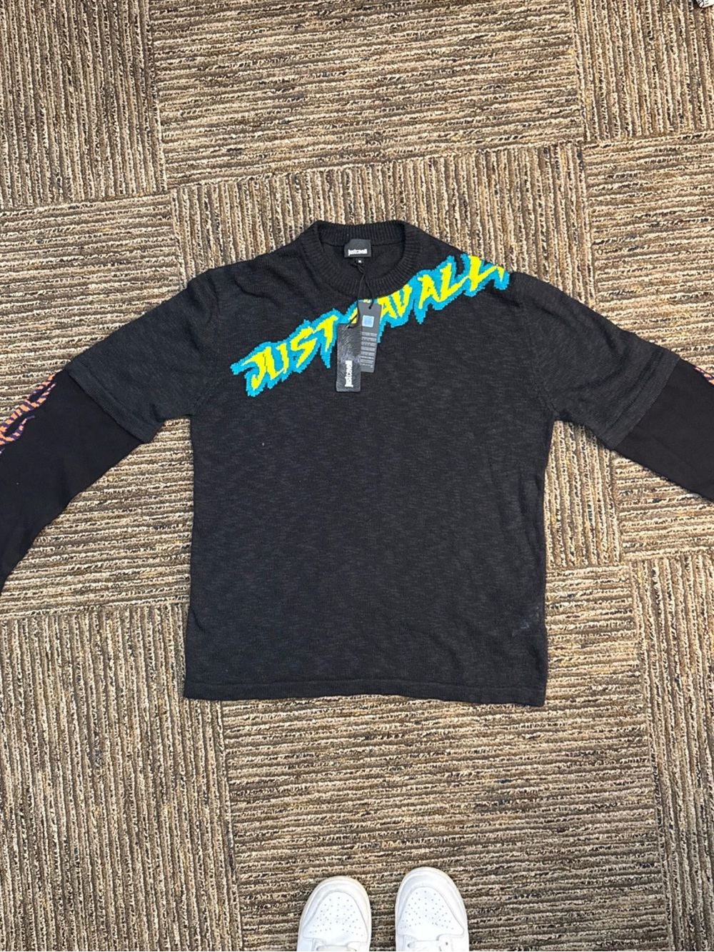 Just Cavalli Black Crewneck Sweater with Blue and Yellow Logo